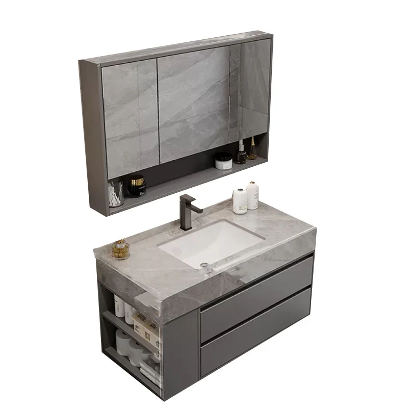 Tocador de baño moderno estándar montado en la pared gris con puerta de cierre suave Clearhalo