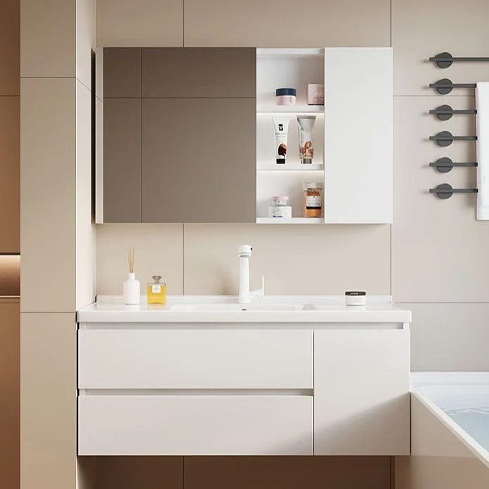 Tocador de baño moderno de madera para montaje en pared, grifo blanco incluido con espejo Clearhalo