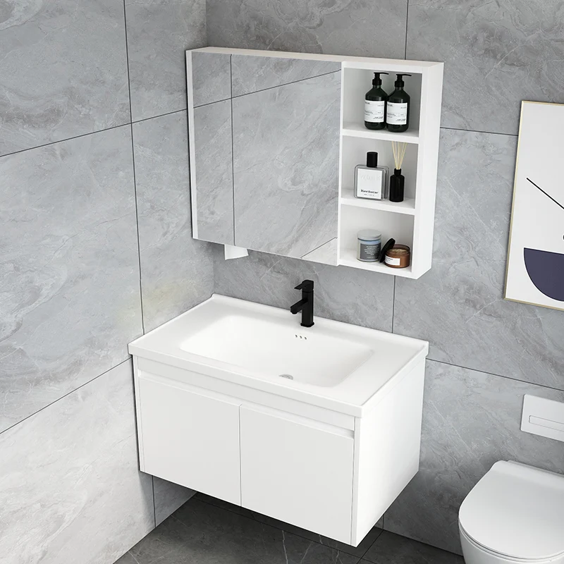 Tocador de baño moderno de mediados de siglo, lavabo de baño con montaje en pared, tocador con espejo Blanco Clearhalo