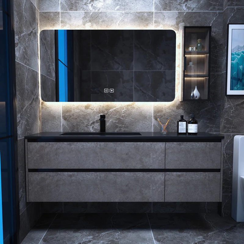 Tocador de baño moderno de piedra caliza con espejo y juego de tocador de baño con 4 cajones Clearhalo