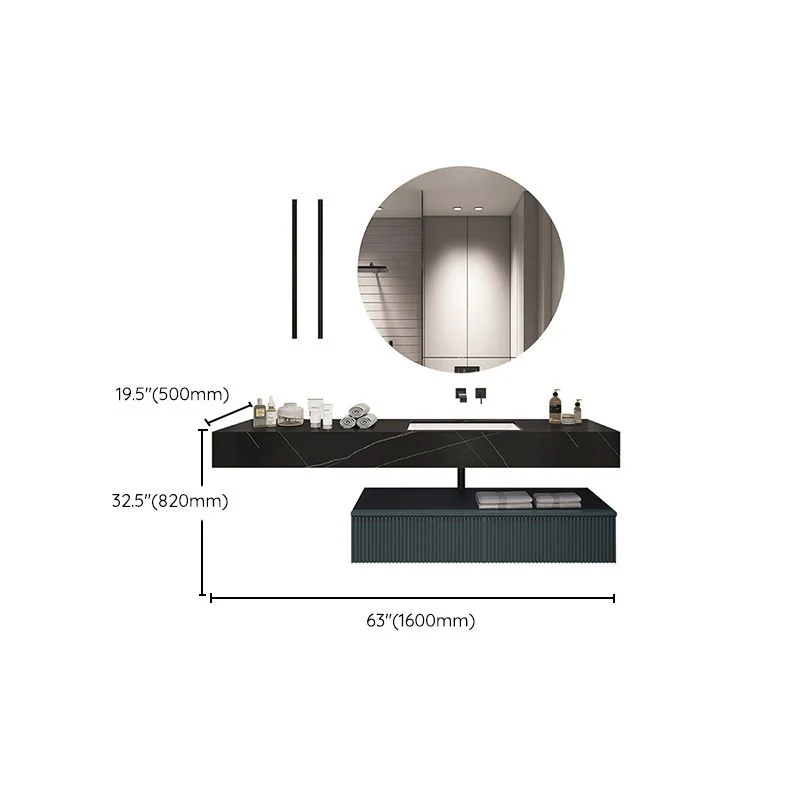 Tocador de baño moderno de piedra con grifo y espejo, tocador ahorrador de espacio montado en la pared Clearhalo
