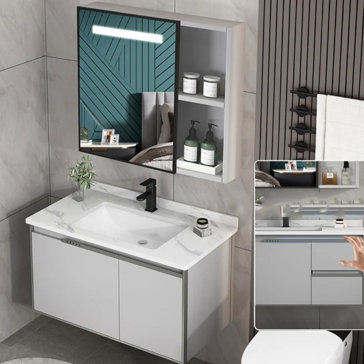 Tocador de baño moderno Tocador de lavabo rectangular individual gris para montaje en pared Clearhalo