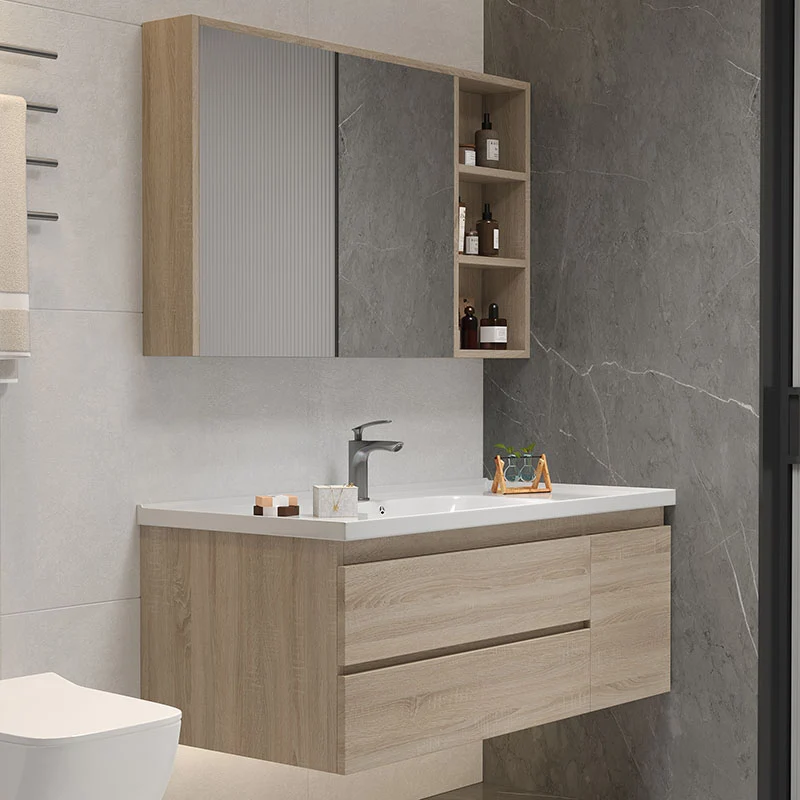 Tocador de baño montado en la pared, puerta de lavabo individual, espejo rectangular, tocador de baño con cajones Clearhalo