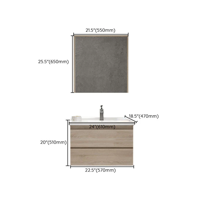 Tocador de baño montado en la pared, puerta de lavabo individual, espejo rectangular, tocador de baño con cajones Clearhalo