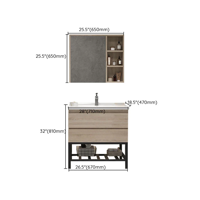 Tocador de baño montado en la pared, puerta de lavabo individual, espejo rectangular, tocador de baño con cajones Clearhalo