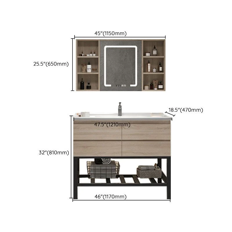 Tocador de baño montado en la pared, puerta de lavabo individual, espejo rectangular, tocador de baño con cajones Clearhalo