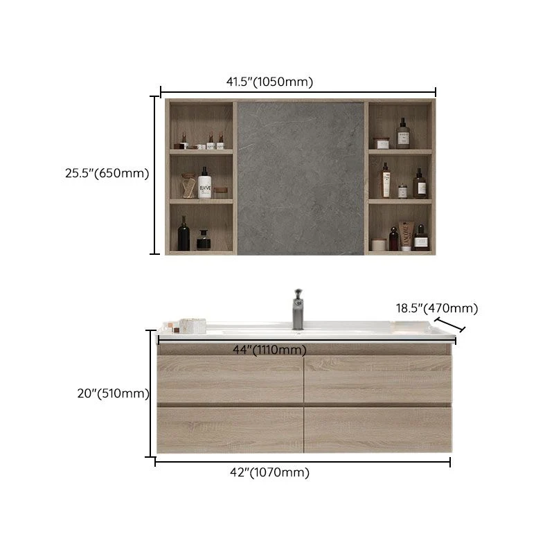 Tocador de baño montado en la pared, puerta de lavabo individual, espejo rectangular, tocador de baño con cajones Clearhalo
