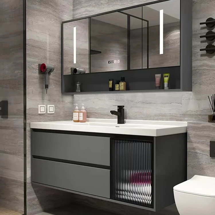 Tocador de baño de montaje en pared, espejo con marco de metal gris, tocador de baño con lavabo individual y cajones Clear...