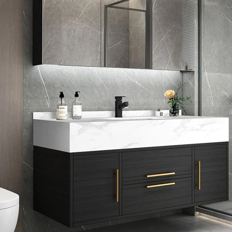 Tocador de baño de montaje en pared Glam, juego de tocador rectangular de cerámica negra con un solo lavabo Clearhalo