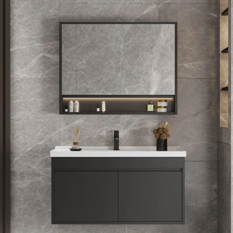 Tocador de baño de montaje en pared Juego de tocador individual rectangular gris de cerámica moderno Clearhalo