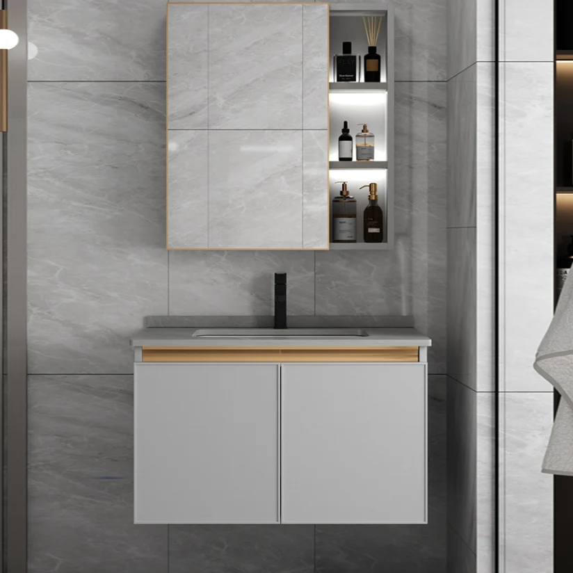 Tocador de baño de montaje en pared Juego de tocador con marco de metal de un solo lavabo gris moderno Clearhalo