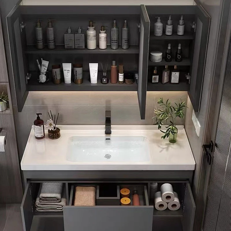 Tocador de baño de montaje en pared Juego de tocador de baño moderno con espejo Clearhalo