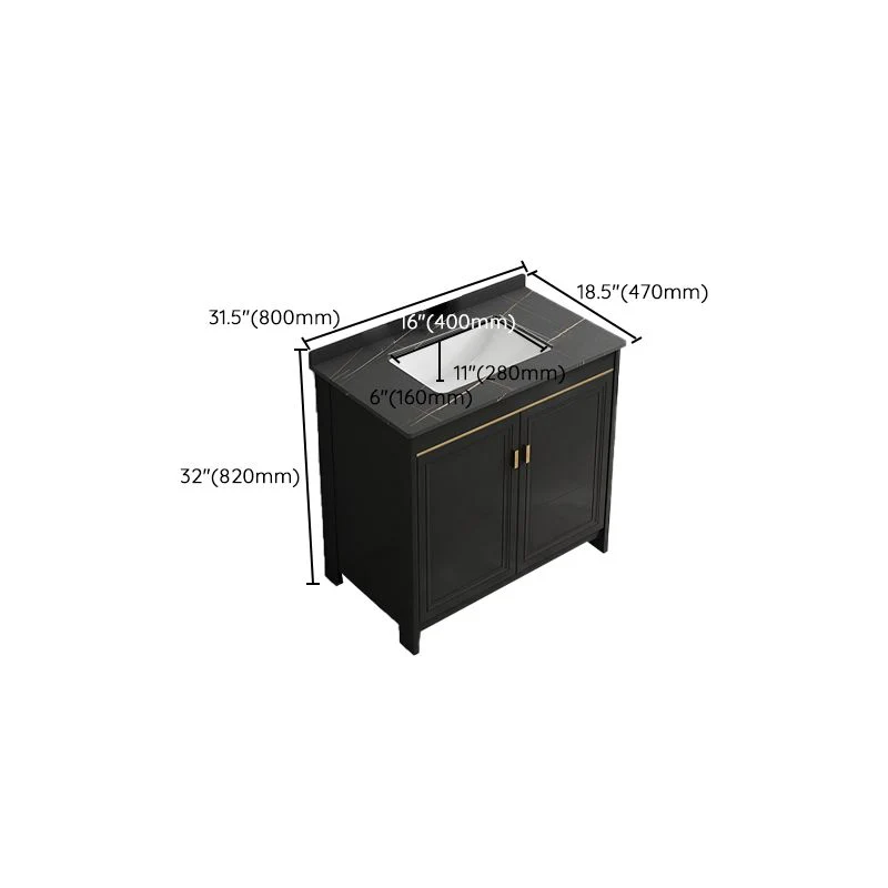 Tocador de baño negro con lavabo individual, espejo con marco de metal y puerta de cierre suave Clearhalo