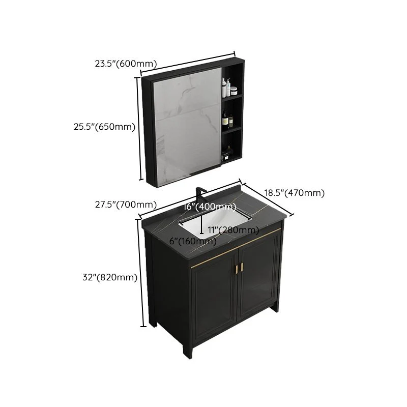 Tocador de baño negro con lavabo individual, espejo con marco de metal y puerta de cierre suave Clearhalo
