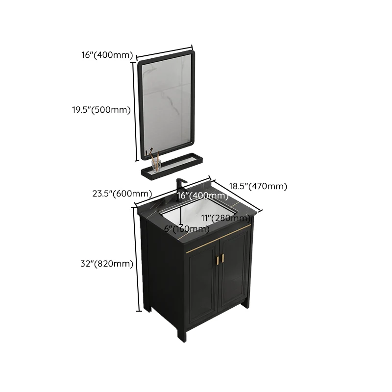 Tocador de baño negro con lavabo individual, espejo con marco de metal y puerta de cierre suave Clearhalo