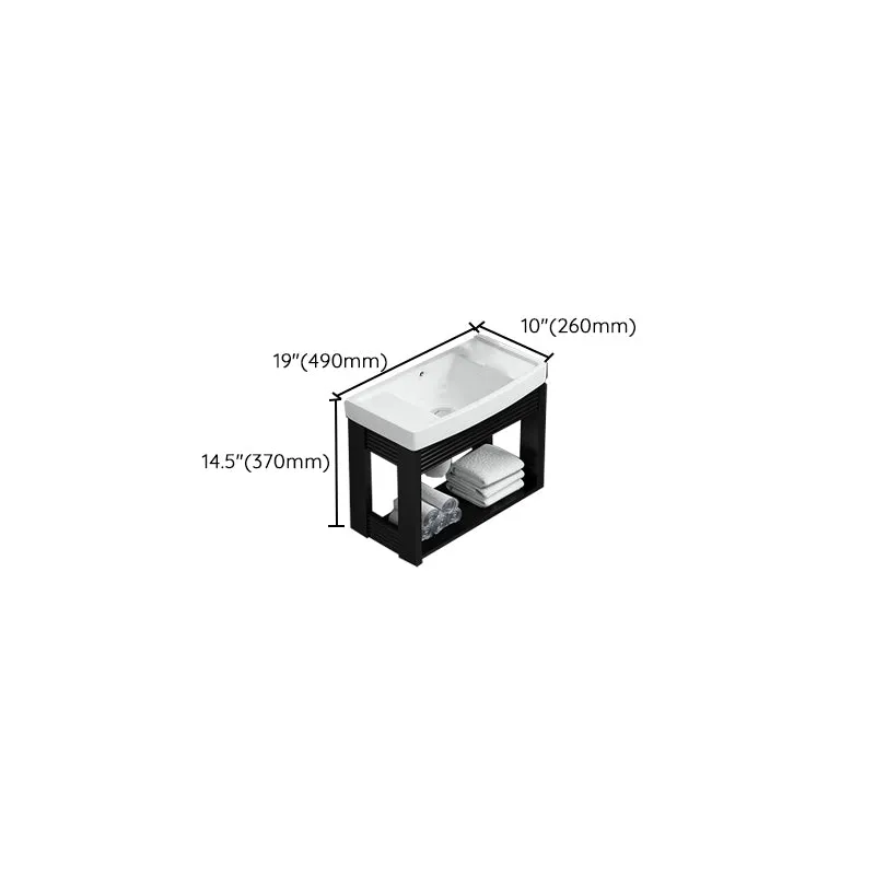 Tocador de baño negro, lavabo individual rectangular, tocador de baño con marco de metal montado en la pared Clearhalo