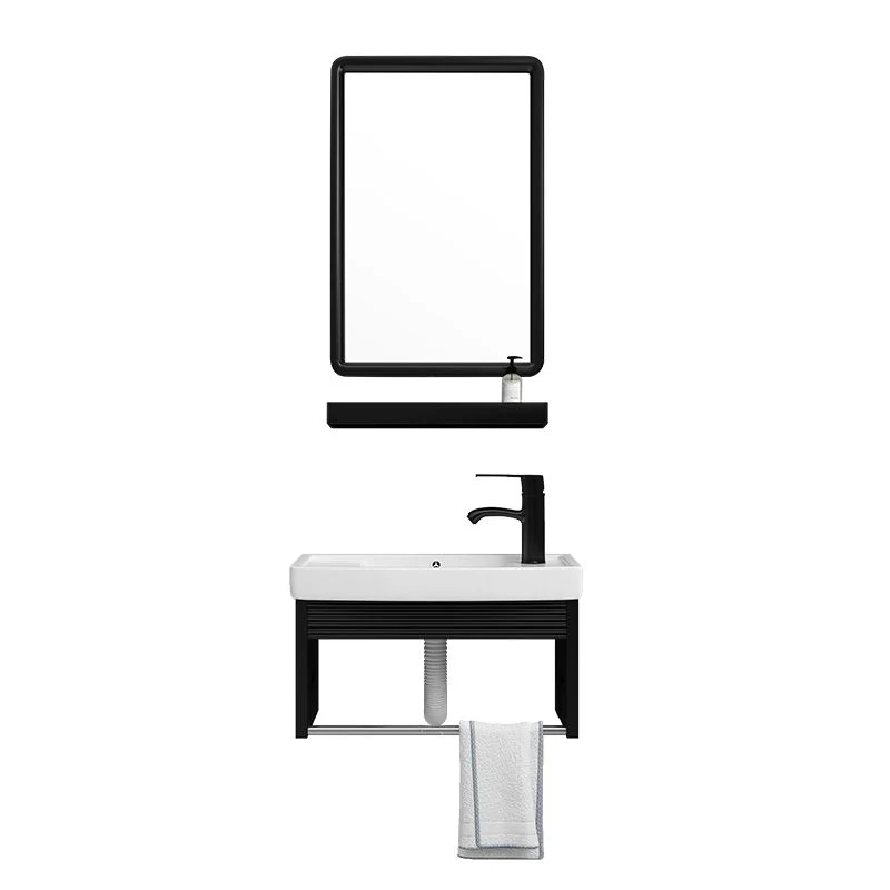 Tocador de baño negro, lavabo individual rectangular, tocador de baño con marco de metal montado en la pared Clearhalo