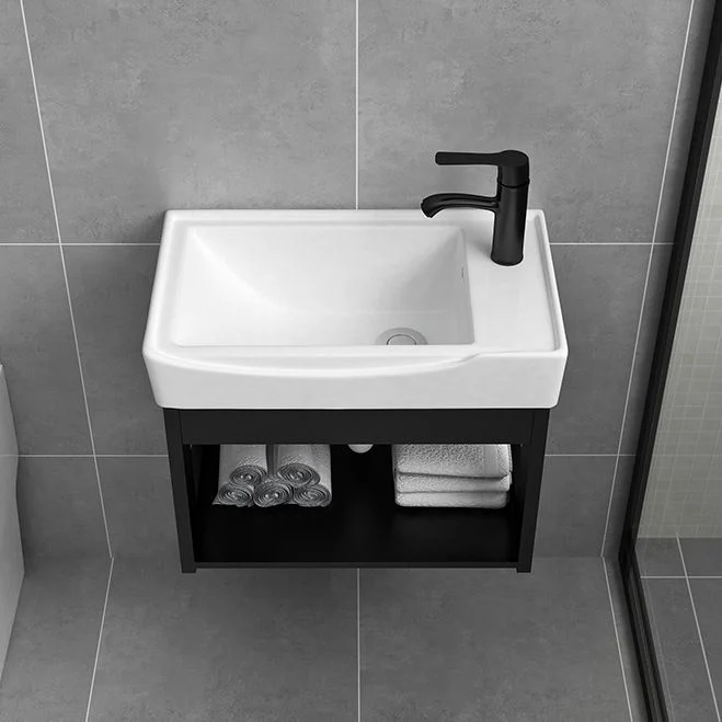 Tocador de baño negro, lavabo individual rectangular, tocador de baño con marco de metal montado en la pared Clearhalo