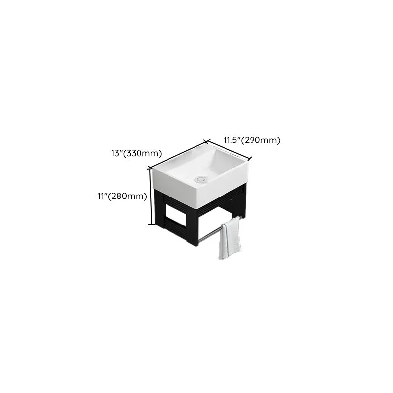 Tocador de baño negro, lavabo individual rectangular, tocador de baño con marco de metal montado en la pared Clearhalo