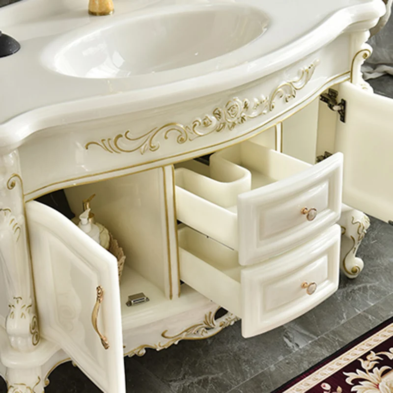 Tocador de baño de piedra blanca con 2 cajones, tocador rectangular independiente con lavabo individual y espejo Clearhalo