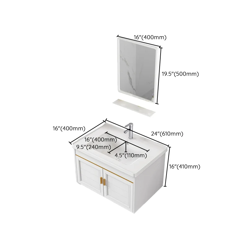 Tocador de baño de 2 puertas, espejo blanco, lavabo individual rectangular, tocador de baño montado en la pared Clearhalo