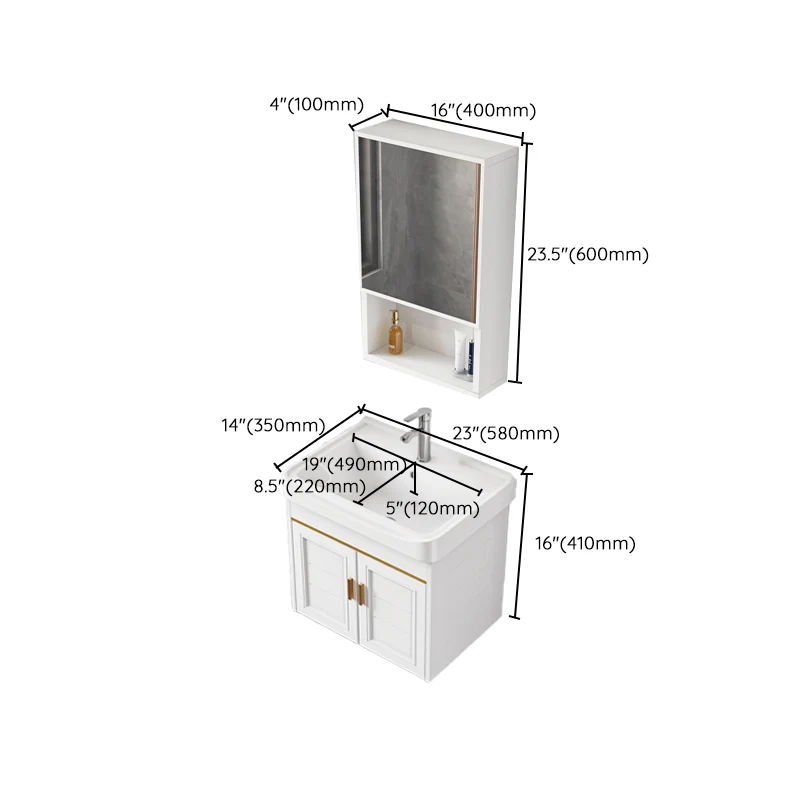 Tocador de baño de 2 puertas, espejo blanco, lavabo individual rectangular, tocador de baño montado en la pared Clearhalo