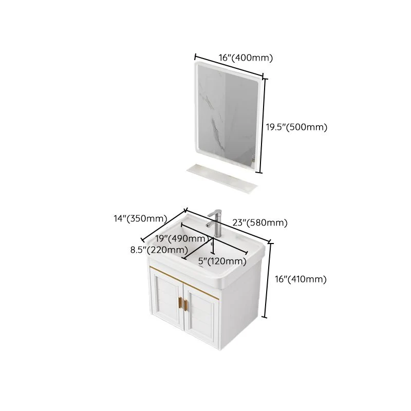 Tocador de baño de 2 puertas, espejo blanco, lavabo individual rectangular, tocador de baño montado en la pared Clearhalo