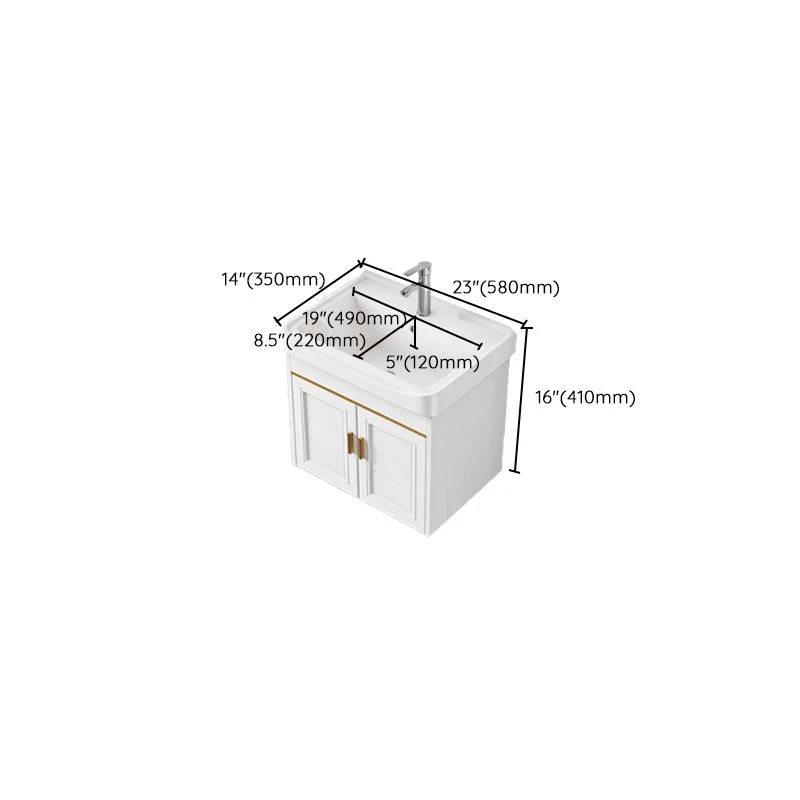 Tocador de baño de 2 puertas, espejo blanco, lavabo individual rectangular, tocador de baño montado en la pared Clearhalo
