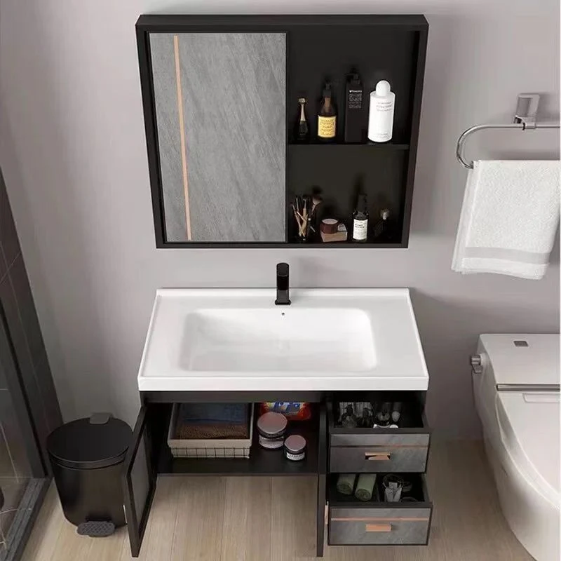Tocador de baño de 2 puertas, espejo gris, juego de tocador de montaje en pared con tapa de cerámica y lavabo individual C...