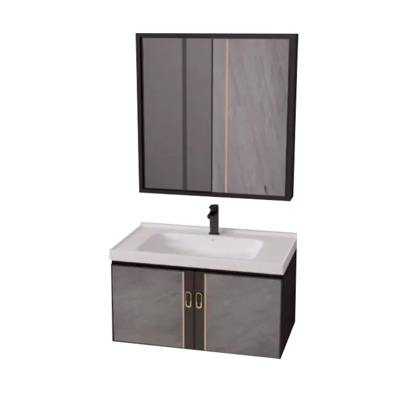 Tocador de baño de 2 puertas, espejo gris, juego de tocador de montaje en pared con tapa de cerámica y lavabo individual C...