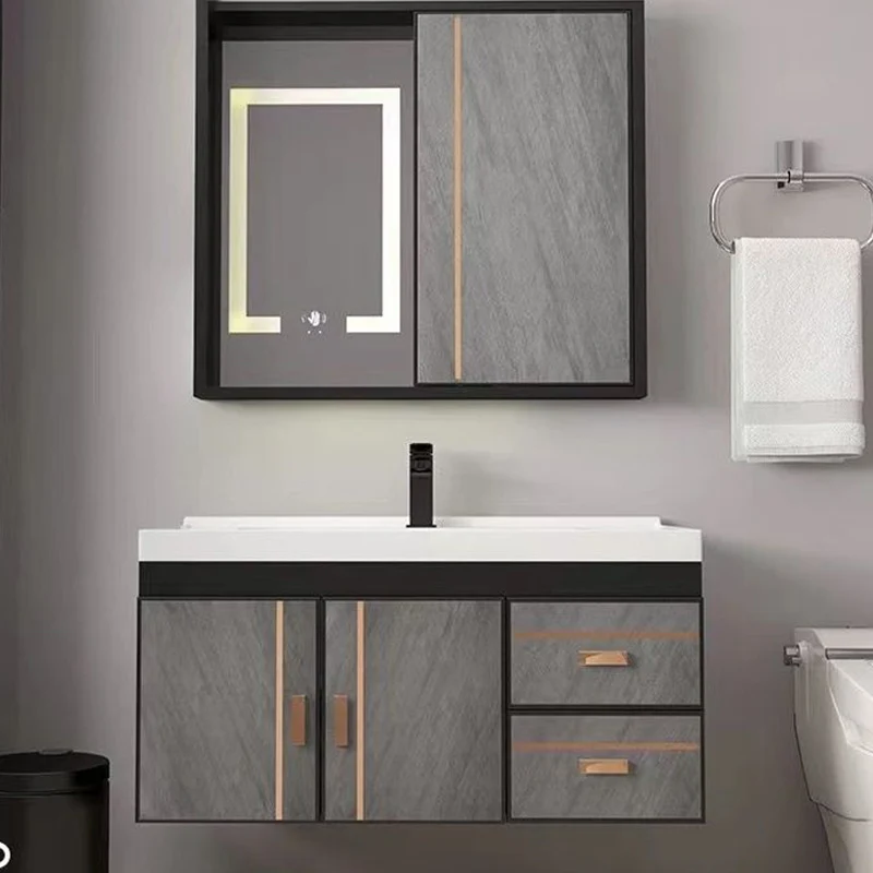 Tocador de baño de 2 puertas, espejo gris, juego de tocador de montaje en pared con tapa de cerámica y lavabo individual C...