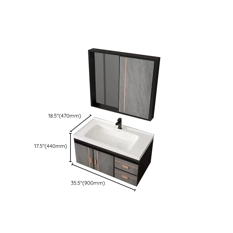 Tocador de baño de 2 puertas, espejo gris, juego de tocador de montaje en pared con tapa de cerámica y lavabo individual C...