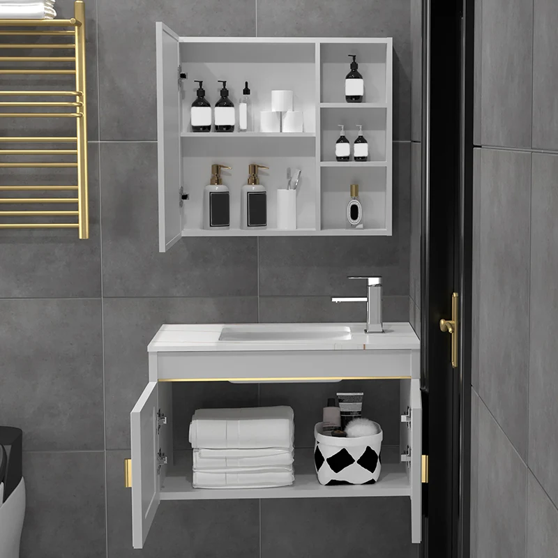 Tocador de baño rectangular con base metálica para montaje en pared con lavabo individual Glam Clearhalo