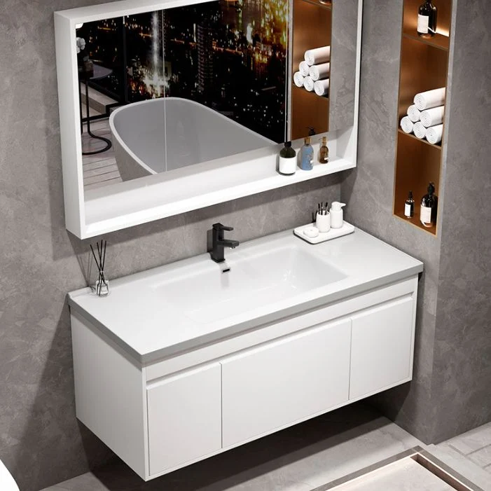 Tocador de baño rectangular con lavabo individual, moderno juego de tocador de montaje en pared blanco Clearhalo