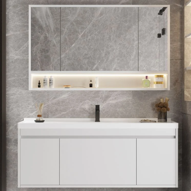 Tocador de baño rectangular con lavabo individual, moderno juego de tocador de montaje en pared blanco Clearhalo