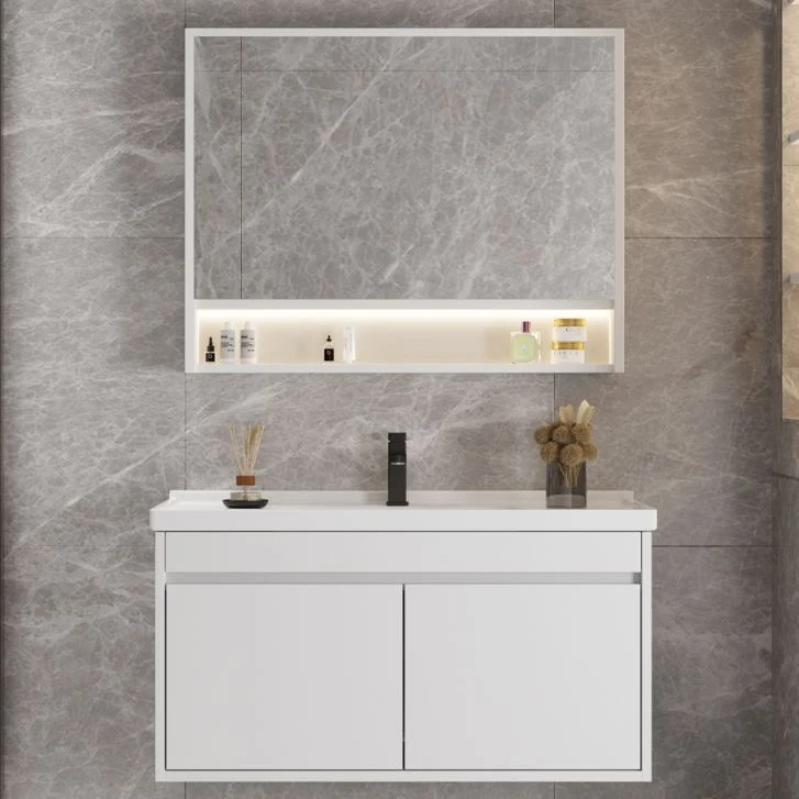 Tocador de baño rectangular con lavabo individual, moderno juego de tocador de montaje en pared blanco Clearhalo