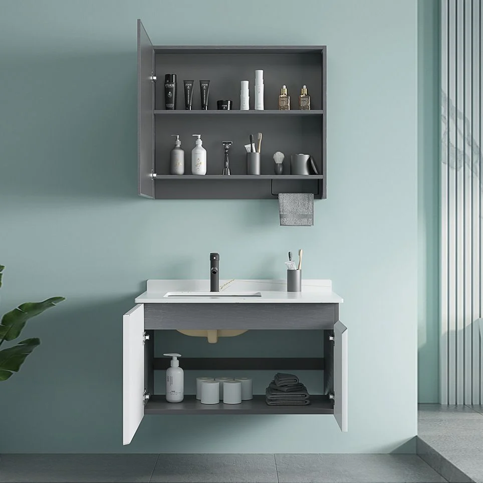 Tocador de baño rectangular con lavabo individual, moderno juego de tocador con marco de metal blanco Clearhalo