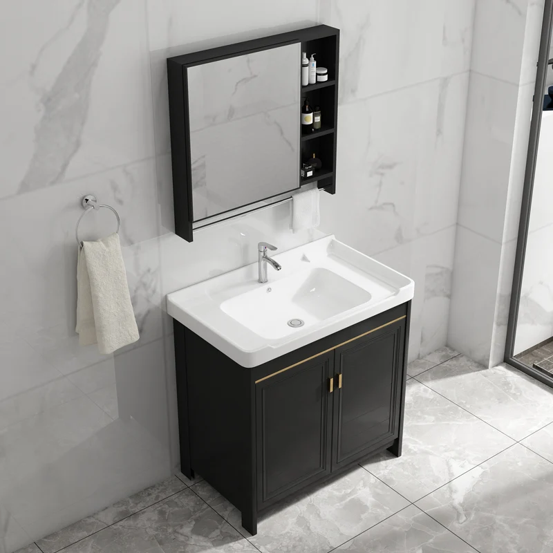 Tocador de baño rectangular con lavabo individual Glam Black, juego de tocador independiente Clearhalo
