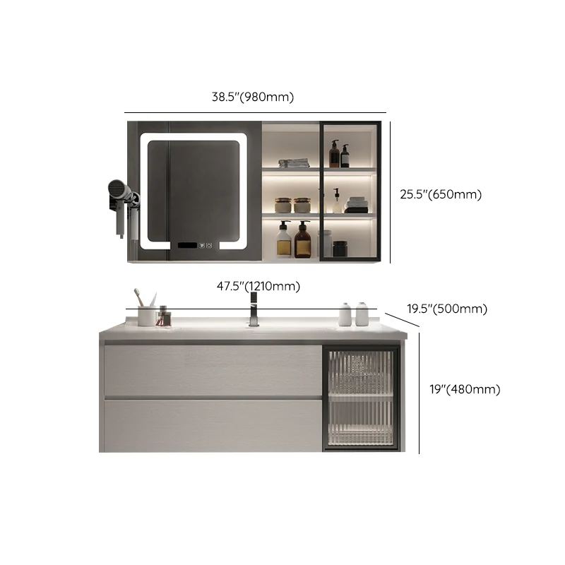 Tocador de baño rectangular con lavabo individual, tocador de pared blanco con 2 cajones de cierre suave Clearhalo