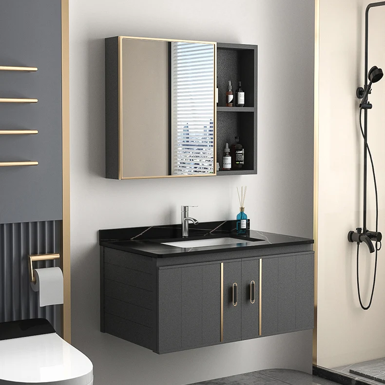 Tocador de baño rectangular Juego de tocador de montaje en pared de un solo lavabo negro moderno Clearhalo