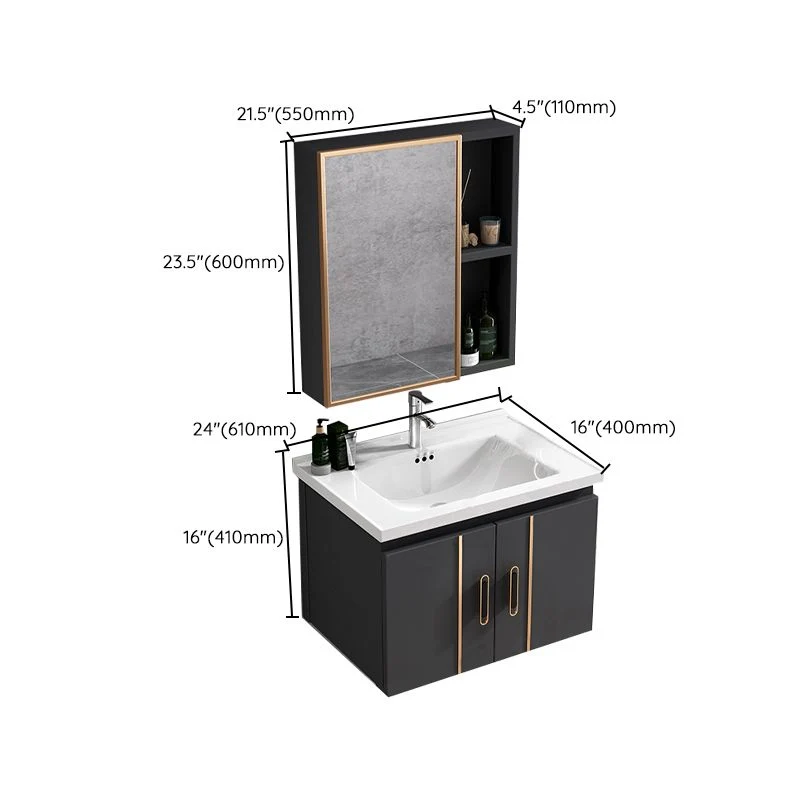 Tocador de baño rectangular, moderno juego de tocador individual con marco de metal negro Clearhalo