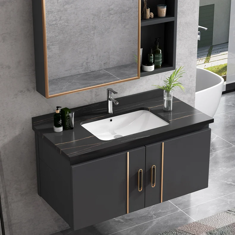 Tocador de baño rectangular, moderno juego de tocador individual con marco de metal negro Clearhalo