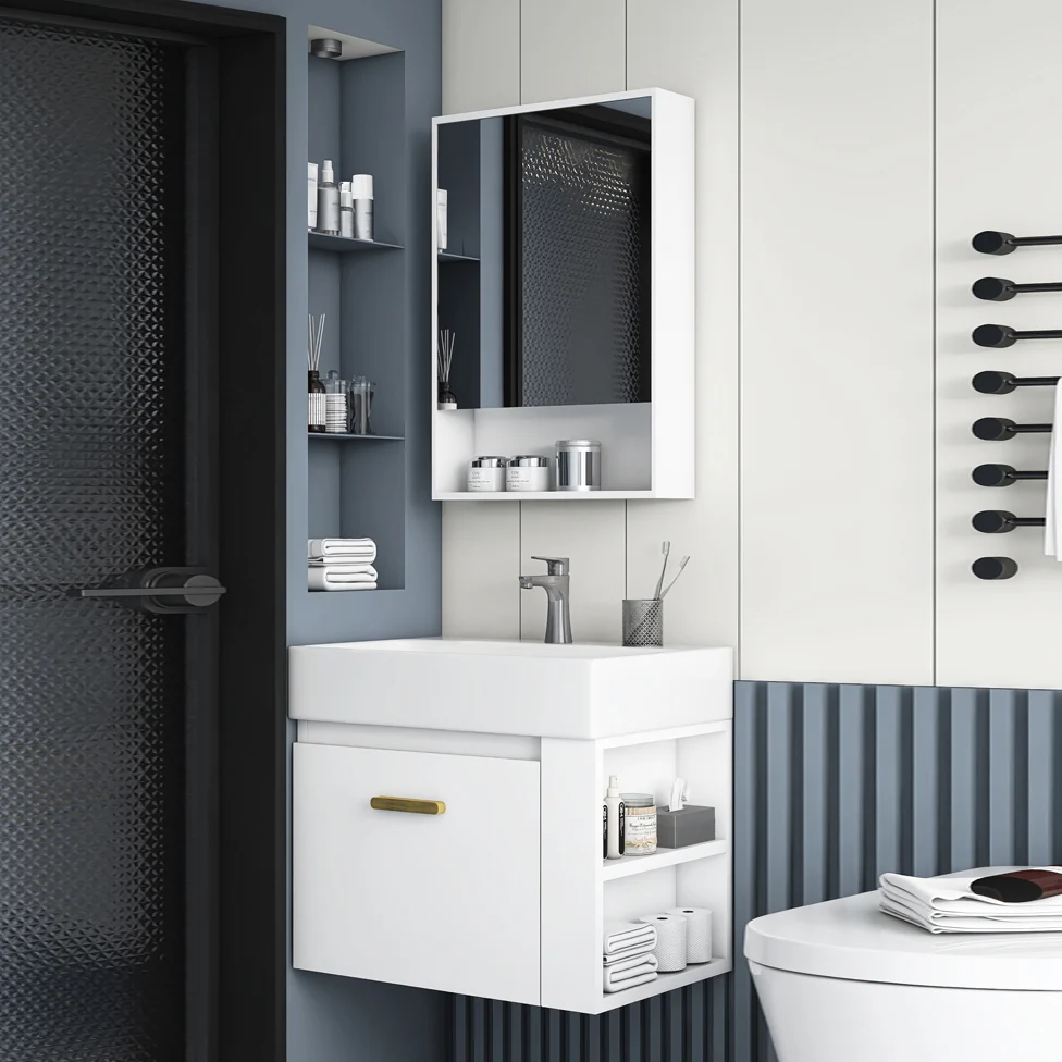 Tocador de baño rectangular para montaje en pared, juego de tocador individual de cerámica blanca Glam Clearhalo