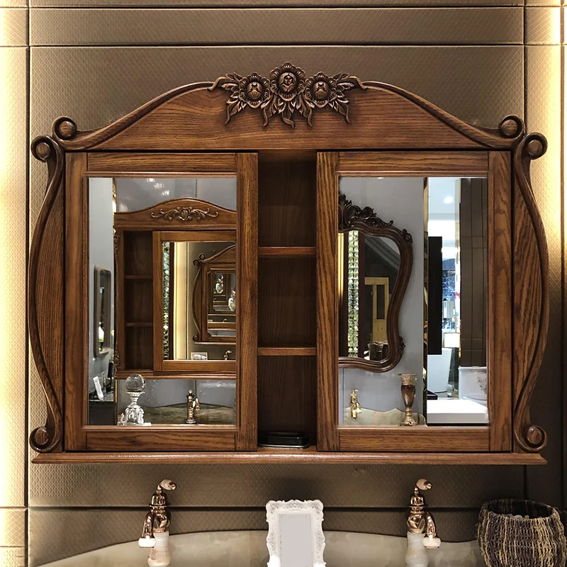 Tocador de baño tradicional, espejo de madera maciza incluido, mueble de tocador de baño Clearhalo