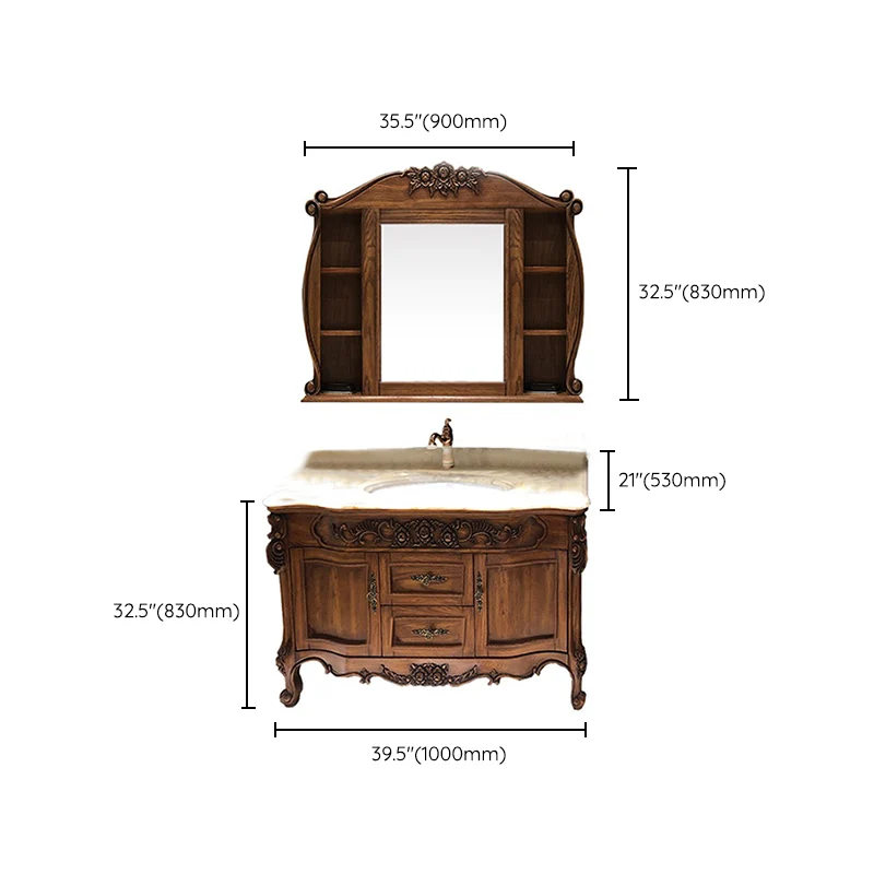 Tocador de baño tradicional, espejo de madera maciza incluido, mueble de tocador de baño Clearhalo