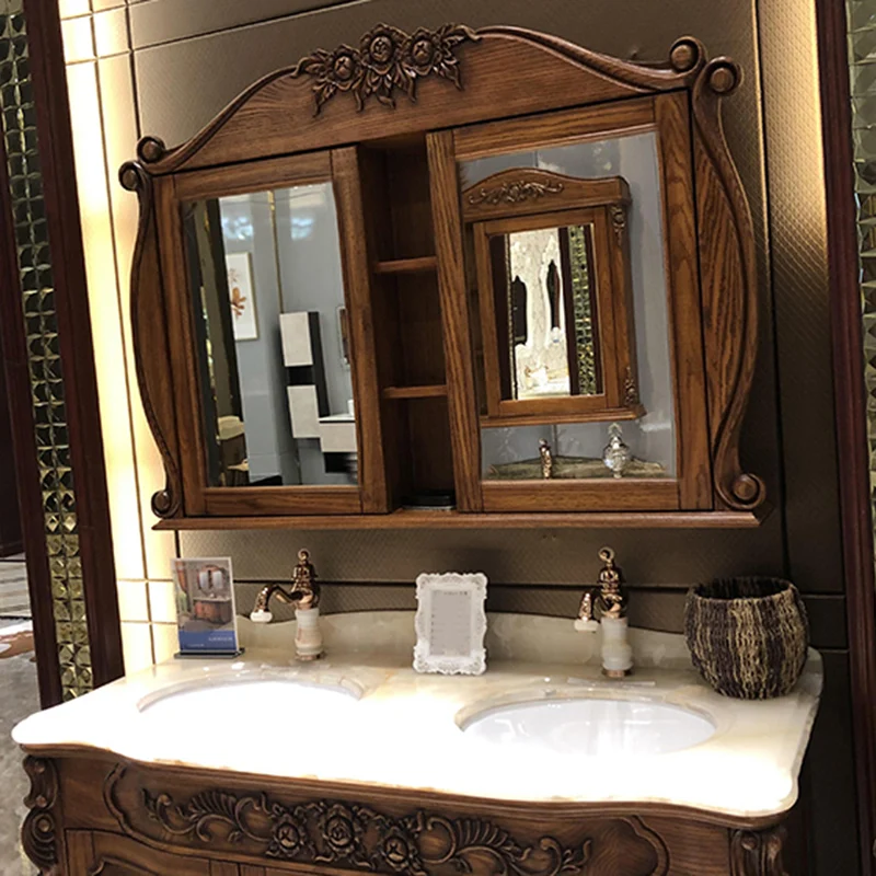 Tocador de baño tradicional, espejo de madera maciza incluido, mueble de tocador de baño Clearhalo