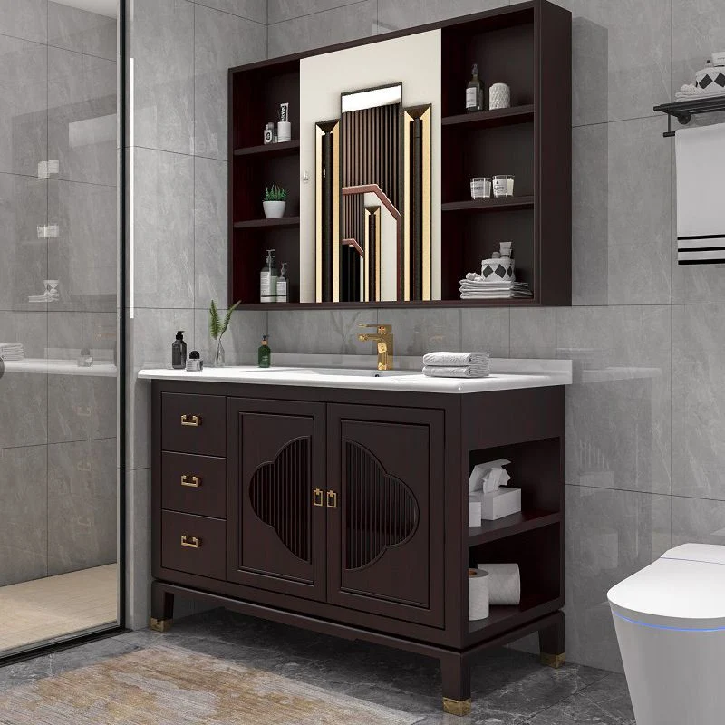 Tocador de baño tradicional, mueble independiente de madera y estantes, juego de tocador incluido Clearhalo