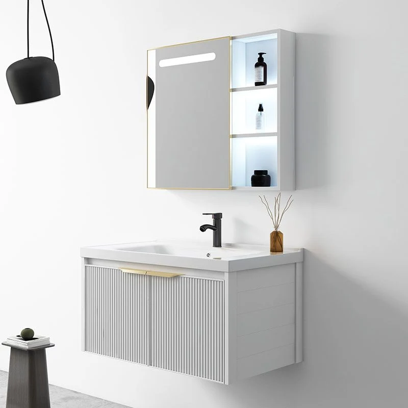 Tocador blanco rectangular, lavabo individual, montaje en pared, 2 puertas, grifo, marco de metal, espejo, tocador Clearhalo