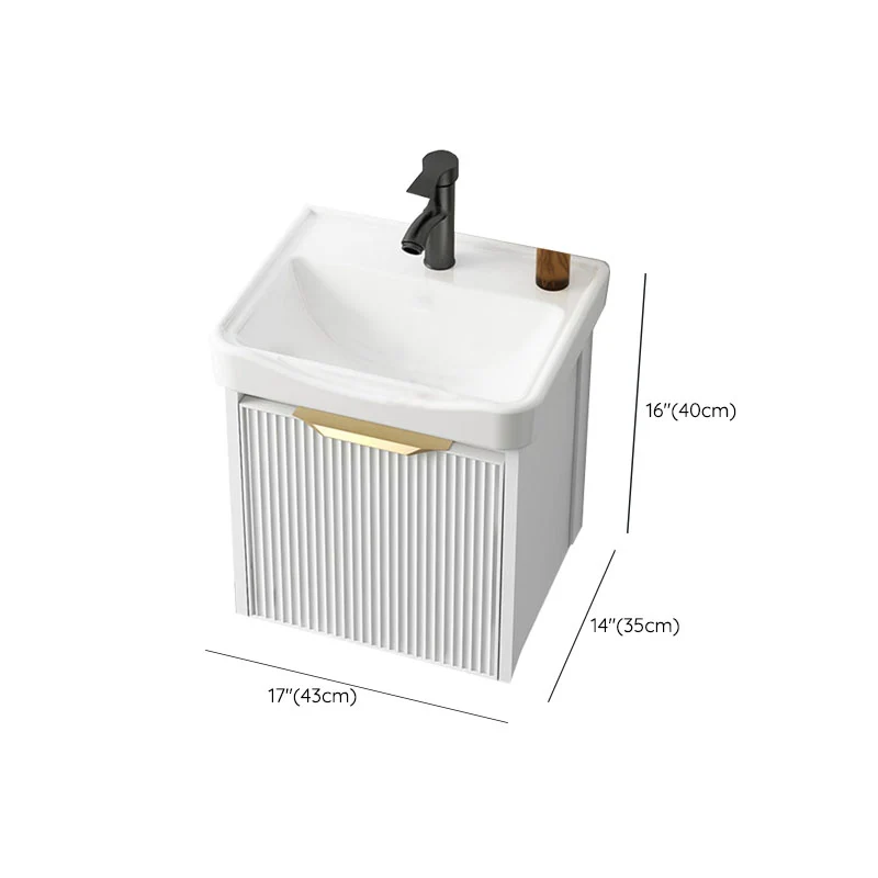 Tocador blanco rectangular, lavabo individual, montaje en pared, 2 puertas, grifo, marco de metal, espejo, tocador Clearhalo