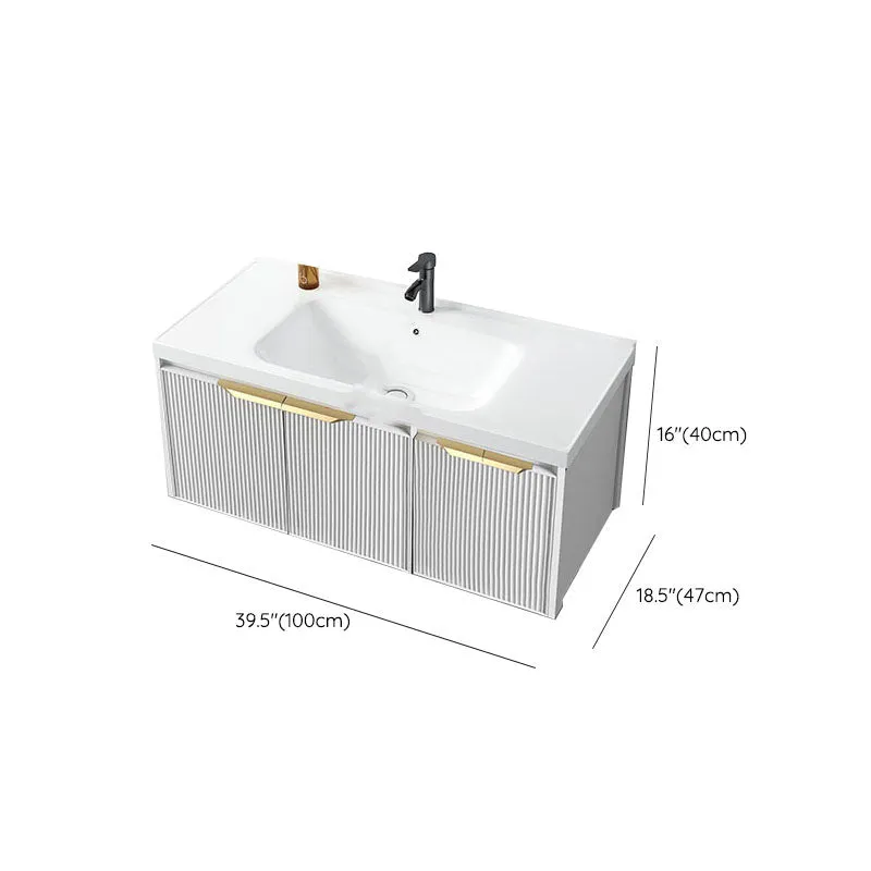 Tocador blanco rectangular, lavabo individual, montaje en pared, 2 puertas, grifo, marco de metal, espejo, tocador Clearhalo